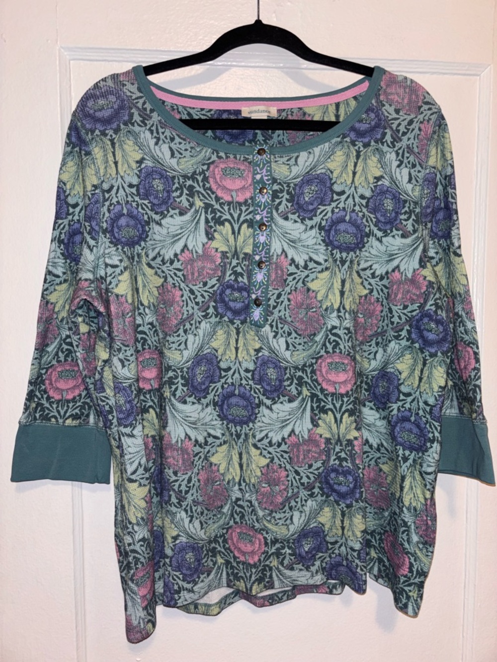 Sundance Floral Henley Print Cotton Thermal Size XXL Green Purple Waffle Knit